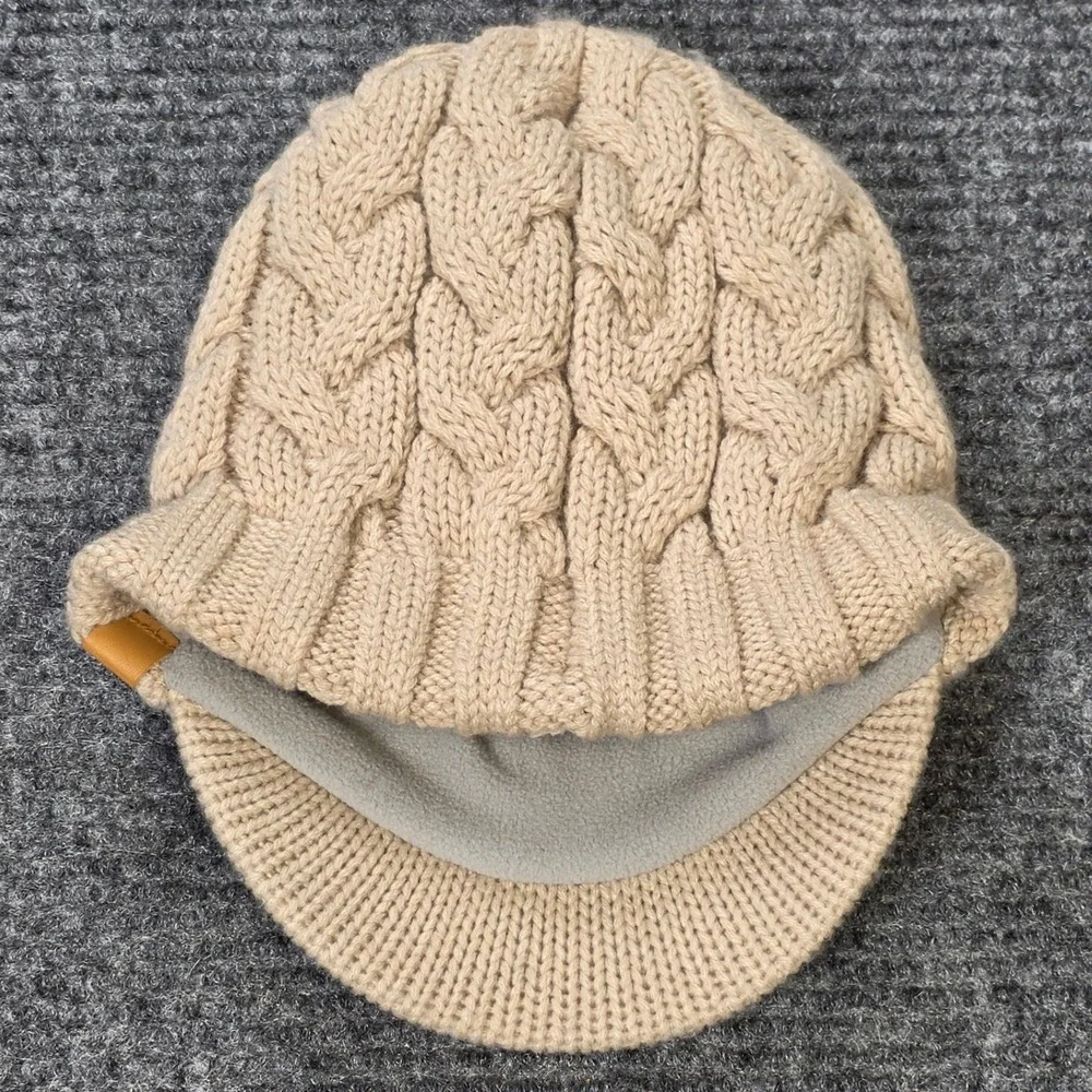 Adidas Cable Knit Visor Beanie Women's Tan Beige Fleece Lined Winter Hat Brimmed